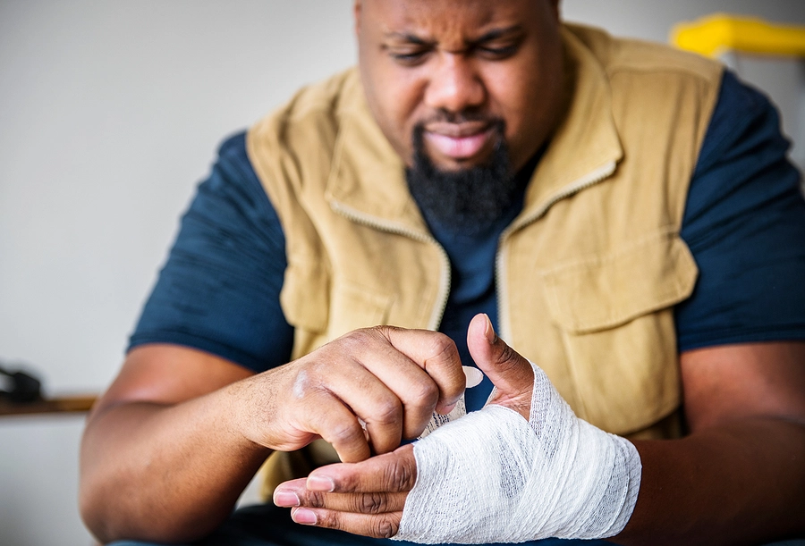 tampa bay car accident victims examines the gauze wrap on his injured hand